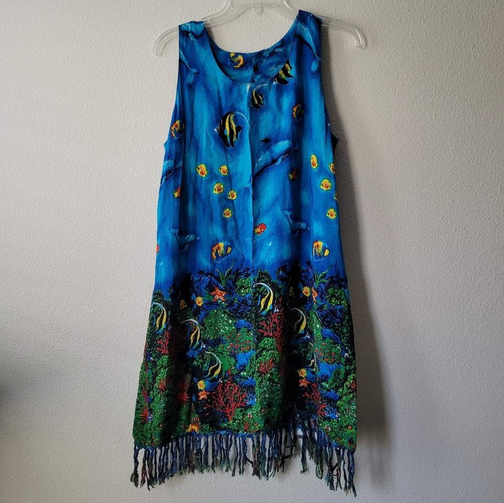 Ingear Vintage Sun Dress Swim Suit Coverup Dolphin Tropical Fish Fringe